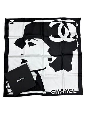 Chanel Silk% Large Scarf CC Logo Mademoiselle White Black